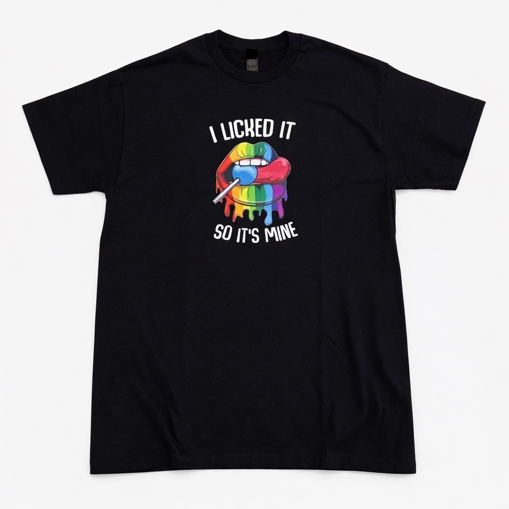 Graphic Tee I Licked It So Its Mine Rainbow Lips Crew Neck T-Shirt Black Size M - Picture 3 of 6